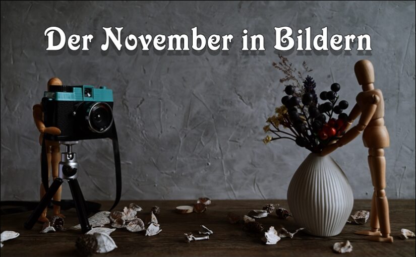 Zwei Holzpuppen, eine mit Kamera, eine mit Blumenstrauß - Der November in Bildern Headerbild