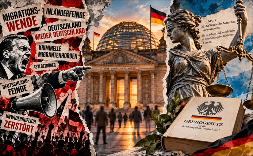 KI generiertes Bild - rechts Schlagzeilen mit AfD Schlagworten - in der Mitte das Bild des Reichtages - links Justitia mit einer Ausgabe des Grundgesetzes.